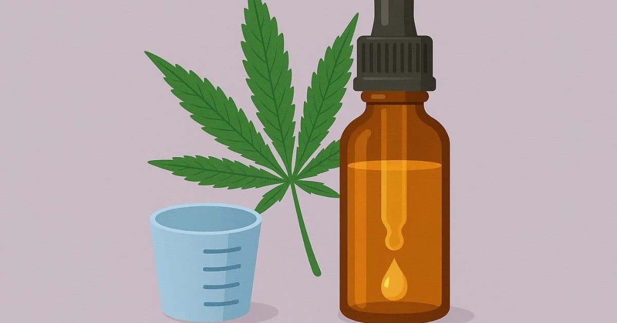 A CBN oil dropper bottle, cannabis leaf, and blue measuring cup on a soft lavender background—symbolizing accurate CBN dosing for sleep.