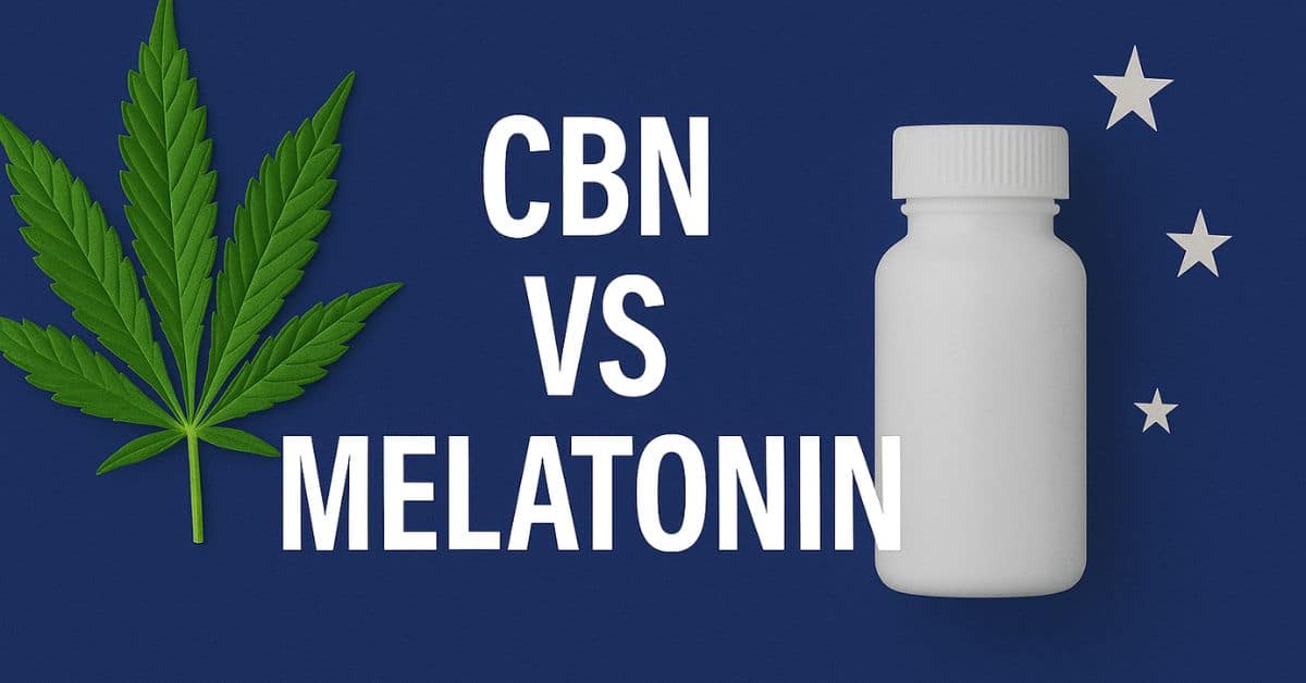 "CBN vs Melatonin" text on a solid navy blue background with a green cannabis leaf on the left, a white melatonin bottle on the right, and three white stars for decoration.