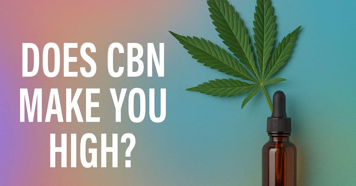 "Does CBN Make You High?" text over a colorful gradient background with a cannabis leaf and amber dropper bottle on the right.