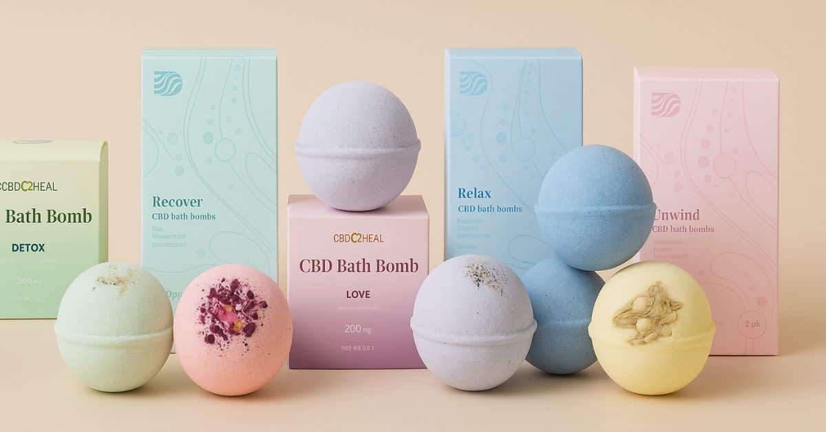 A collection of seven CBD bath bombs with their matching pastel-colored boxes displayed on a soft beige background, showcasing varieties like Detox, Dream, Love, Soothe, Recover, Relax, and Unwind.