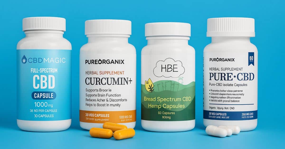 Top CBD capsules in Canada displayed on a vibrant blue background, featuring full spectrum, broad spectrum, CBD isolate, and curcumin-infused options from brands like CBDMagic, Pure Organix, and Happy Bears.
