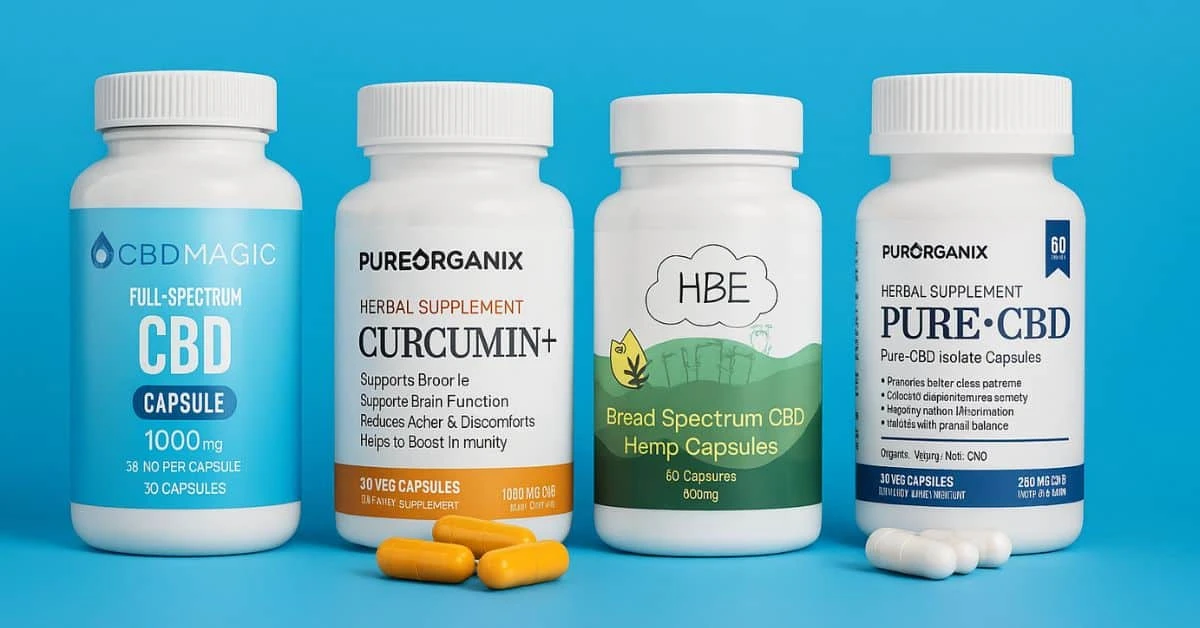 Top CBD capsules in Canada displayed on a vibrant blue background, featuring full spectrum, broad spectrum, CBD isolate, and curcumin-infused options from brands like CBDMagic, Pure Organix, and Happy Bears.