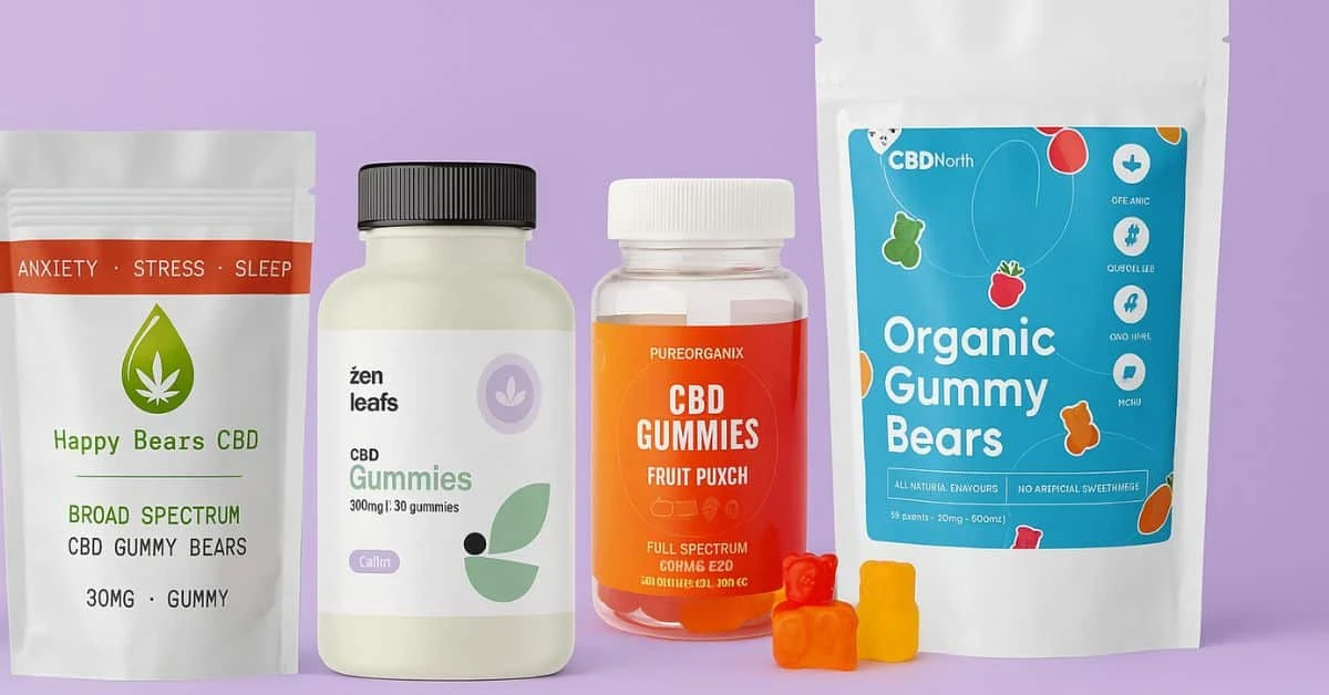 Best CBD gummies in Canada displayed on a purple background, featuring broad spectrum, full spectrum, THC-free, and organic options from top brands like Happy Bears, Zen Leafs, PureOrganix, and CBDNorth.