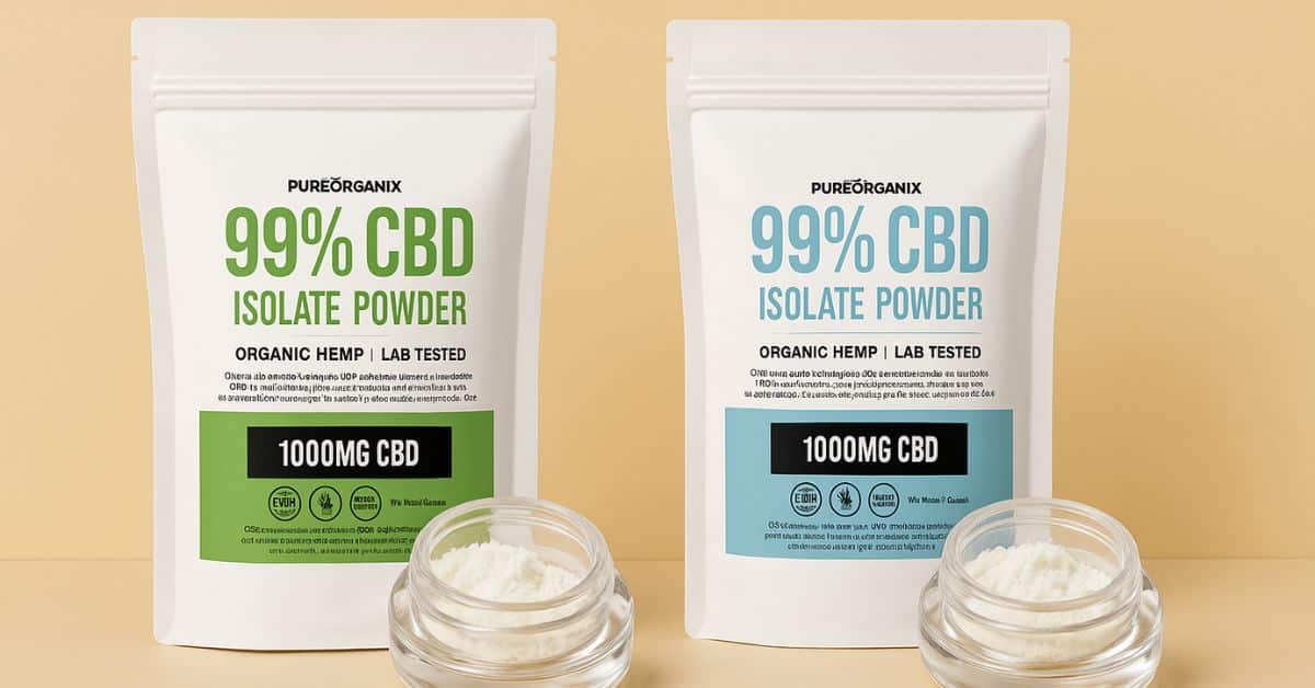 Two PureOrganix 99% CBD Isolate Powder pouches displayed side by side on a light beige background, with glass jars of white CBD powder in front of each bag