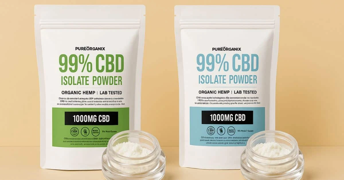 Two PureOrganix 99% CBD Isolate Powder pouches displayed side by side on a light beige background, with glass jars of white CBD powder in front of each bag