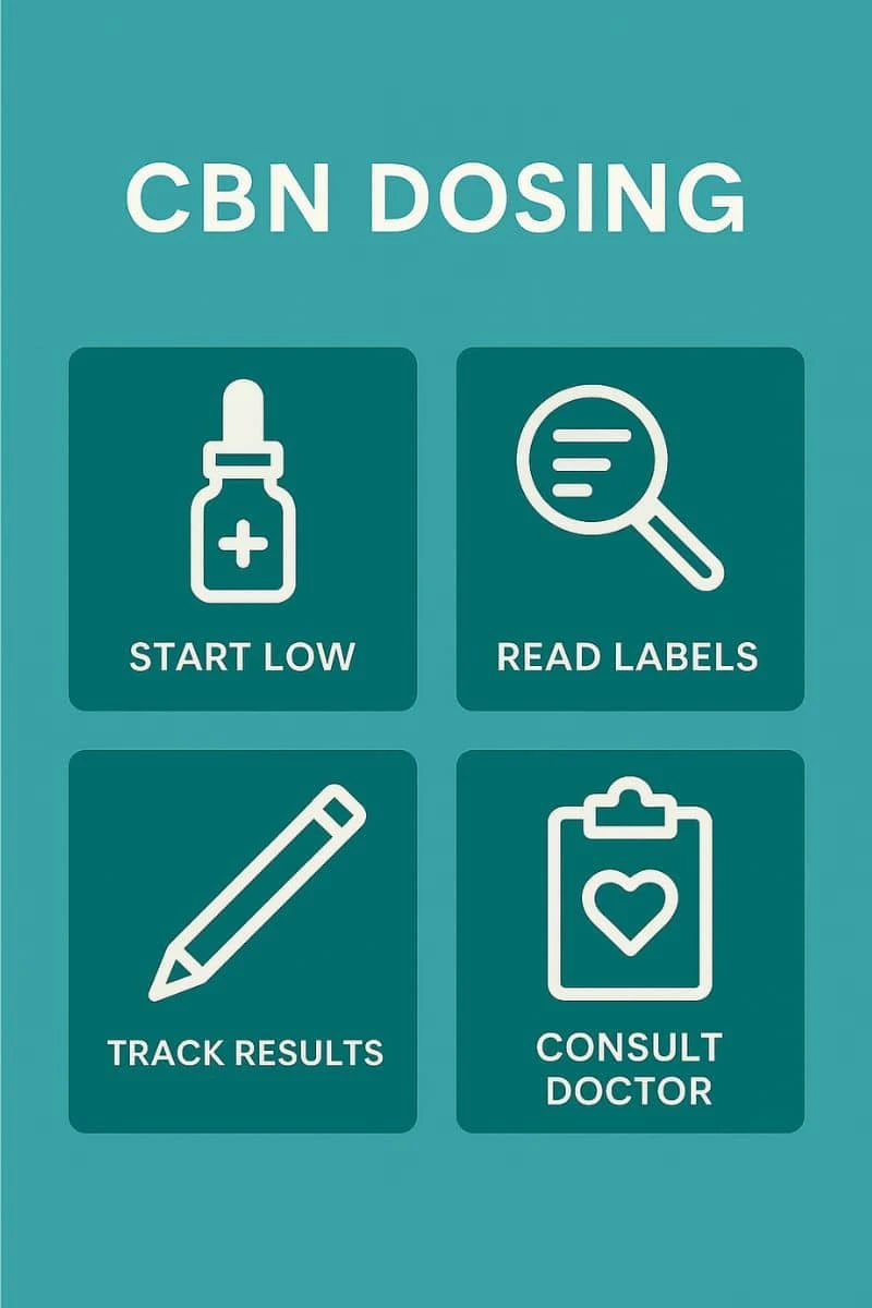 Infographic titled "CBN Dosing" with a teal background. It features four icons and tips: "Start Low," "Read Labels," "Track Results," and "Consult Doctor"—providing basic guidance on how to use CBN safely and effectively.