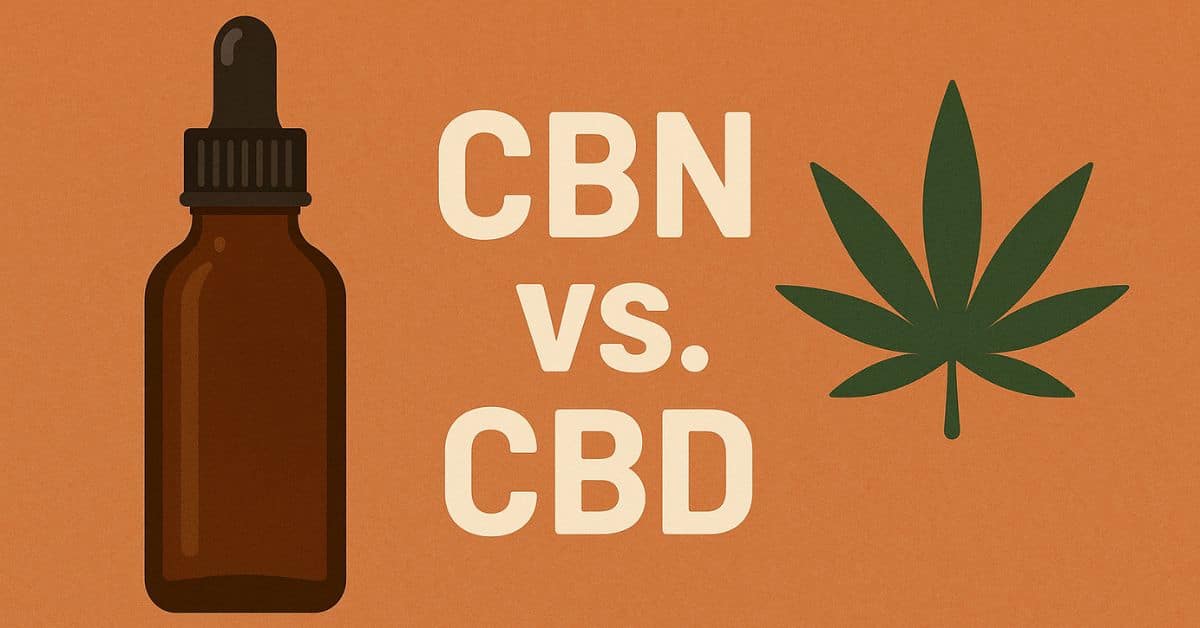 A side-by-side digital illustration labeled "CBN vs CBD" featuring a dropper bottle and a cannabis leaf on a blue background, visually comparing the two cannabinoids.