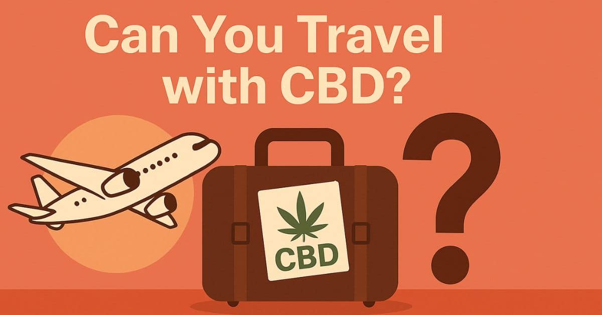 suitcase with a CBD label, an airplane, and a question mark on an orange background asking "Can You Travel with CBD in Canada?"