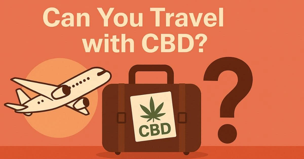 suitcase with a CBD label, an airplane, and a question mark on an orange background asking "Can You Travel with CBD in Canada?"