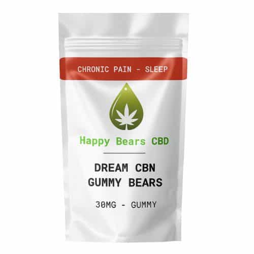 Package of Happy Bears CBD Dream CBN Gummy Bears labeled for chronic pain and sleep support, containing 30mg CBN per gummy.