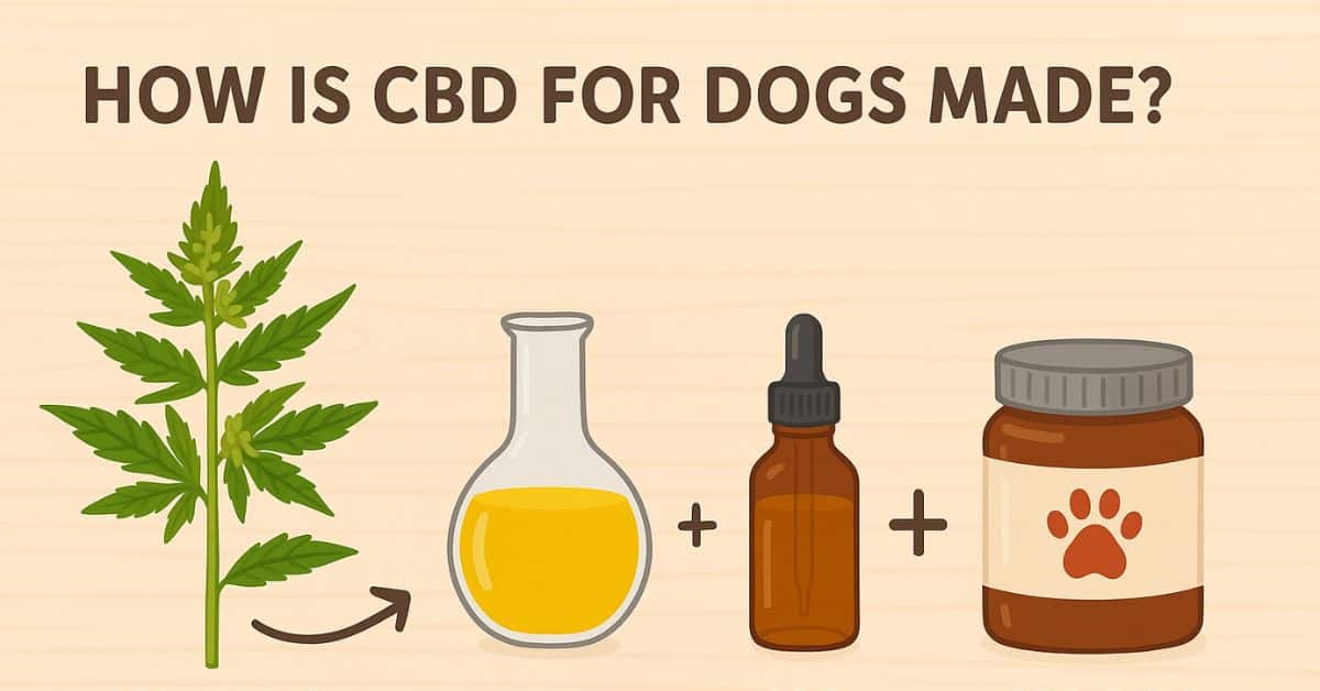 Step-by-step illustration showing the CBD extraction process from cannabis plant to CBD oil and final dog-friendly product.