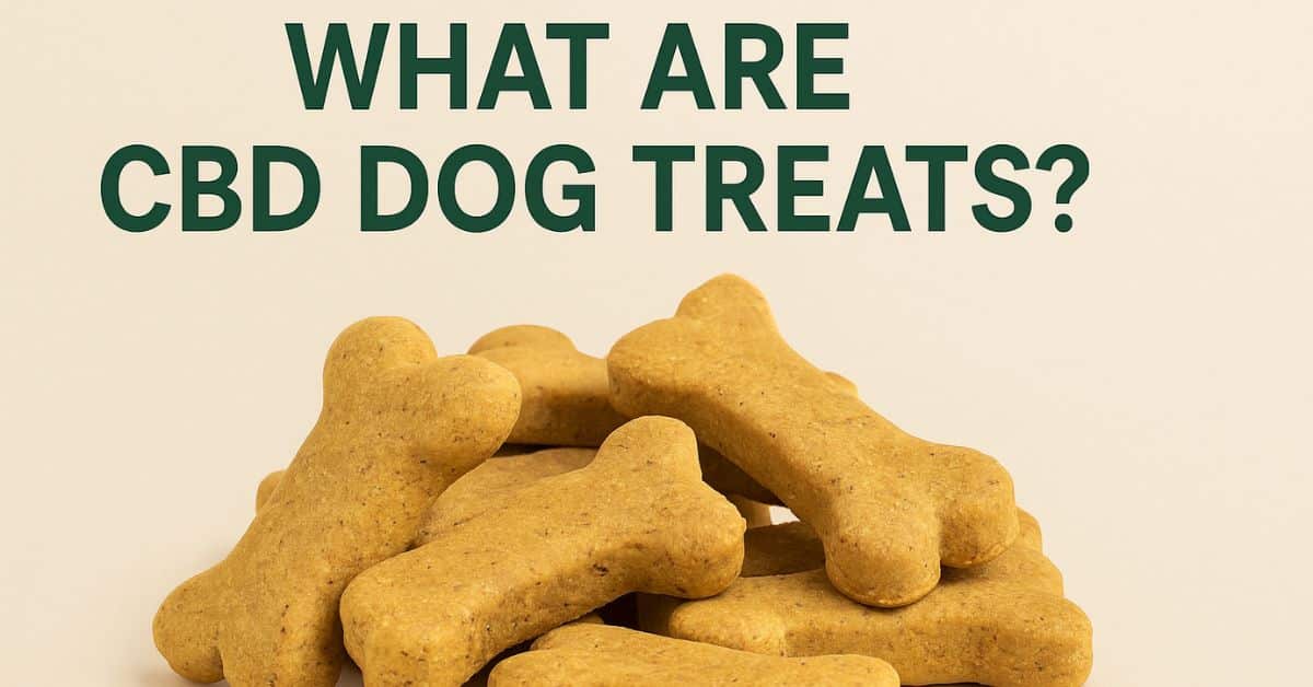 A clean, modern image showing a stack of bone-shaped CBD dog treats on a beige background, with the bold green text "What Are CBD Dog Treats?" centered above.