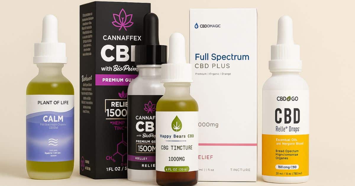 Display of five premium cannabinoid oil tinctures, including CBD, CBN, and CBG formulas from Plant of Life, Cannaffex, Happy Bears, CBD Magic, and CBD2GO, arranged on a soft background.
