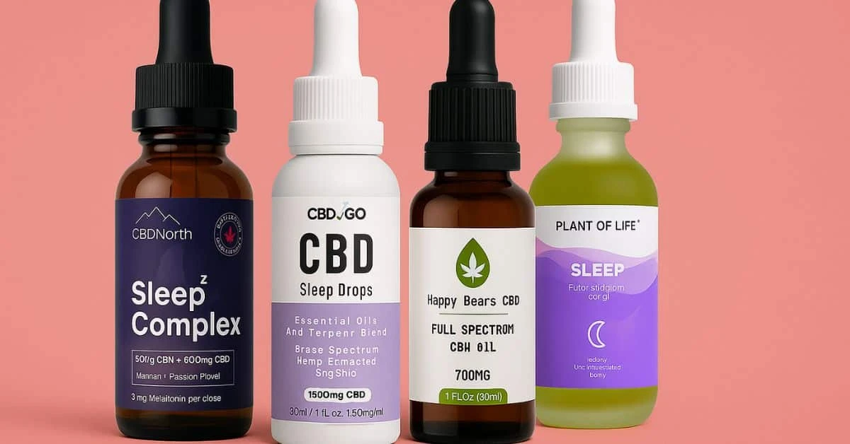 A digital display of four CBN oil sleep aid products on a soft red background, featuring CBD North Sleep Complex, CBD2GO CBDCBN Sleep Drops 1500mg, Happy Bears Full Spectrum CBN Oil, and Plant of Life CBN Oil.