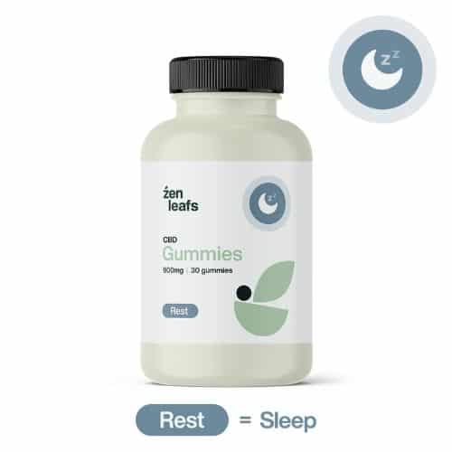 Bottle of Zen Leafs CBD Gummies for rest and sleep, containing 900mg CBD in 30 gummies, designed to support relaxation and better sleep.