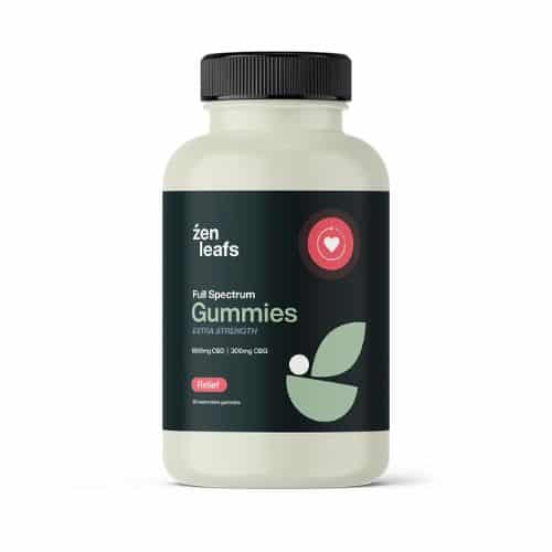 Bottle of Zen Leafs Full Spectrum Extra Strength Gummies, containing 1800mg CBD and 300mg CBG, designed for relief.