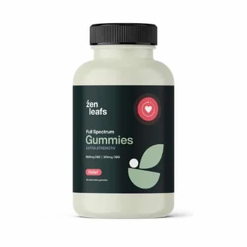 Bottle of Zen Leafs Full Spectrum Extra Strength Gummies, containing 1800mg CBD and 300mg CBG, designed for relief.