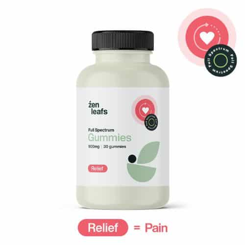Bottle of Zen Leafs Full Spectrum CBD Gummies for pain relief, containing 900mg CBD in 30 gummies, labeled “Relief” with a heart icon