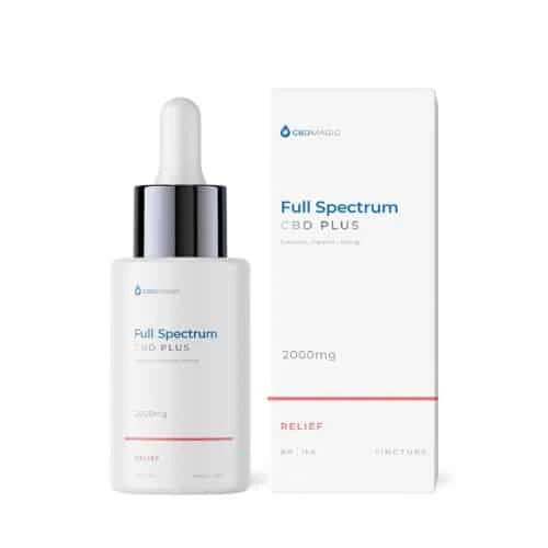 White glass dropper bottle with silver cap and matching box, labeled “Full Spectrum CBD Plus 2000mg” for relief.