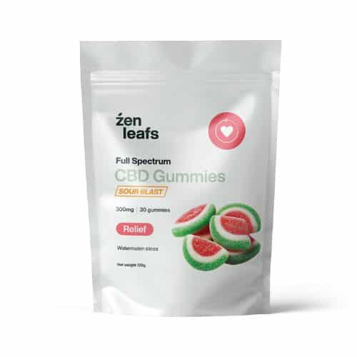 Zen Leafs Full Spectrum CBD Gummies Sour Blast, 300mg pack of 30 watermelon slice gummies for relief.
