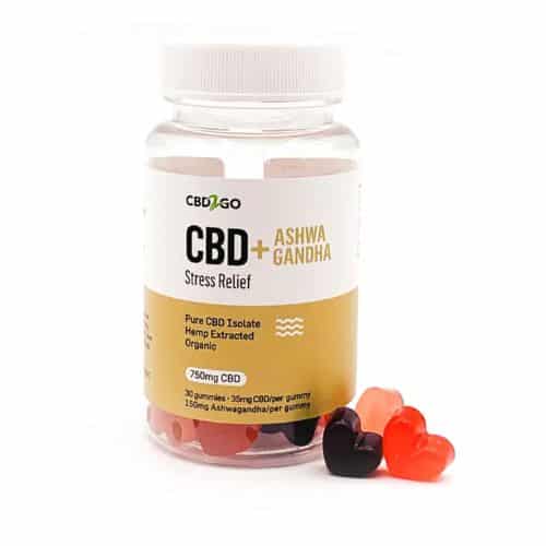 Transparent plastic bottle of CBD2GO CBD + Ashwagandha Stress Relief gummies, containing 750mg CBD total (35mg CBD and 150mg Ashwagandha per gummy), with heart-shaped gummies in red, orange, and black colors scattered beside the bottle.
