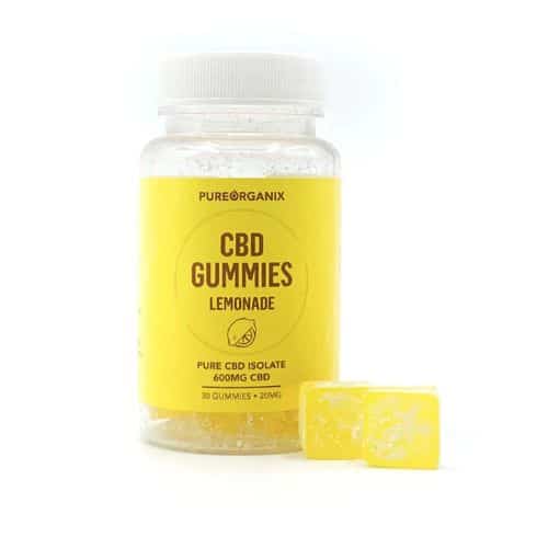 Clear plastic jar of PureOrganix CBD Gummies Lemonade flavor, containing 30 cube-shaped yellow gummies made with pure CBD isolate, 600mg total CBD.