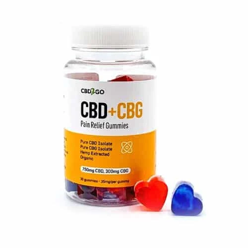 Bottle of CBD2GO Pain Relief Gummies with 750mg CBD and 300mg CBG, featuring red and blue heart-shaped gummies.