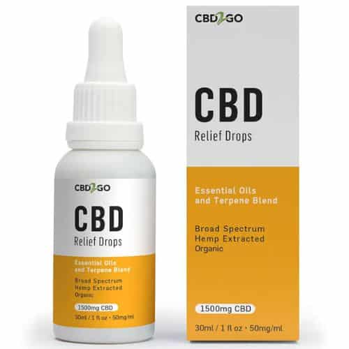 White dropper bottle and matching box with yellow accents, labeled “CBD Relief Drops” containing 1500mg broad-spectrum CBD with essential oils and terpenes.