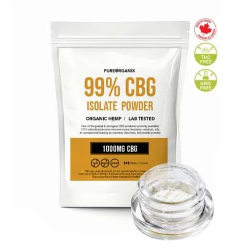 CBD2GO 99% CBG Isolate Powder in a white resealable package with gold label, THC free, GMO free, lab tested, made in Canada, shown alongside a small glass jar containing the white crystalline powder.
