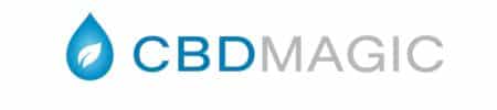 CBDMagic logo featuring a blue water droplet with a leaf inside, followed by the brand name in blue and grey text