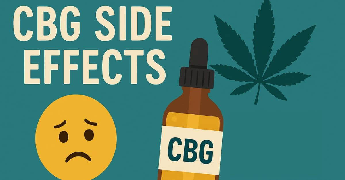 Illustration showing the words “CBG Side Effects” with a worried face emoji, a cannabis leaf, and a dropper bottle labeled CBG.