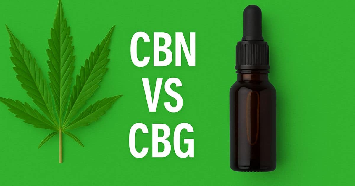 "CBN vs CBG" text centered on a solid green background with a cannabis leaf on the left and a dark amber dropper bottle on the right.