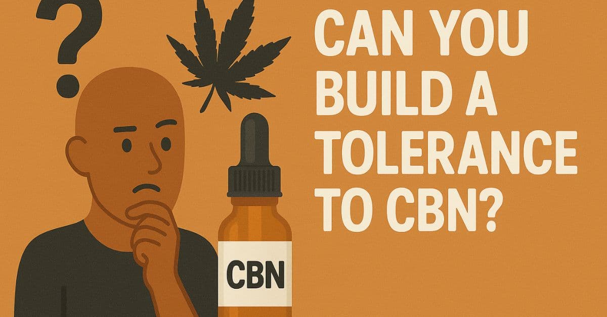 Illustration of a thoughtful person beside a cannabis leaf and CBN oil dropper bottle, with the question “Can You Build a Tolerance to CBN?” in bold cream-colored text on the right, set against an orange background.