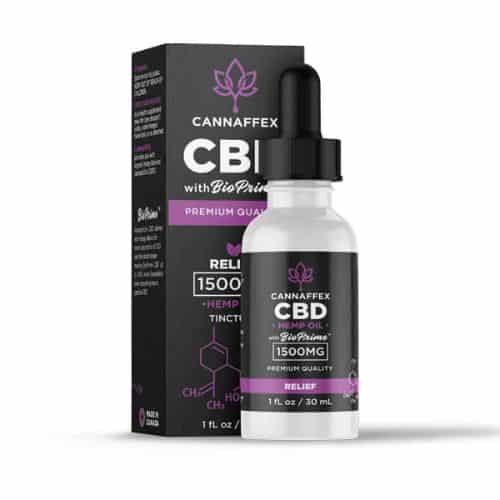 White dropper bottle with black label and matching box, labeled “Cannaffex CBD with BioPrime” containing 1500mg hemp tincture for relief.