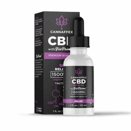 White dropper bottle with black label and matching box, labeled “Cannaffex CBD with BioPrime” containing 1500mg hemp tincture for relief.