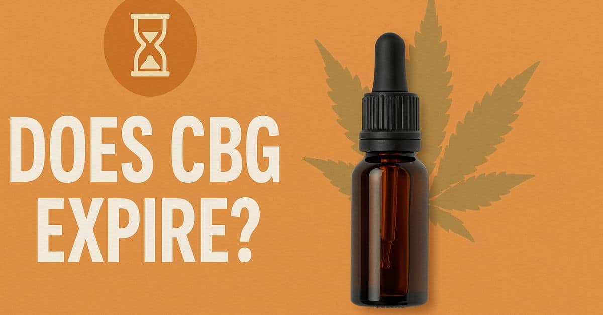 Does CBG expire blog header with orange background, cannabis leaf, amber dropper bottle, and hourglass icon representing CBG shelf life and expiration date.