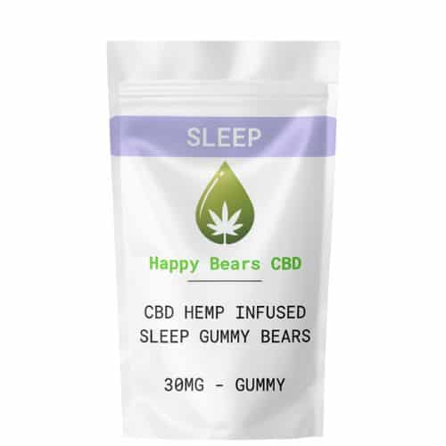 Happy Bears CBD Sleep Gummies resealable pouch, labeled as CBD hemp-infused sleep gummy bears, 30mg per gummy, with a green hemp leaf logo and purple 'Sleep' banner.