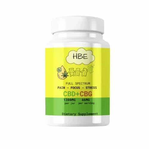 Bottle of HBE Full Spectrum CBD + CBG Gummies for pain, focus, and stress, containing 1380mg total cannabinoids.