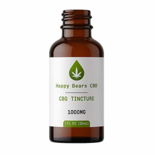 Amber glass dropper bottle with a white label displaying the Happy Bears CBD logo and “CBG Tincture 1000mg.”