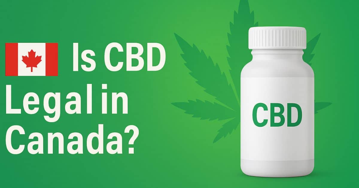 Is CBD Legal in Canada blog header with green gradient background, bold white text, Canadian flag, white CBD supplement bottle, and cannabis leaf outline.