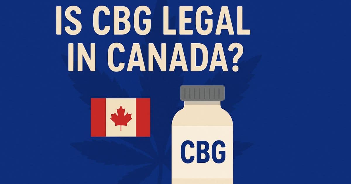 Featured blog image for 'Is CBG Legal in Canada?' with a deep blue background. Bold white text poses the question, accompanied by a Canadian flag on the left and a white CBG bottle on the right, with a subtle cannabis leaf outline in the background.