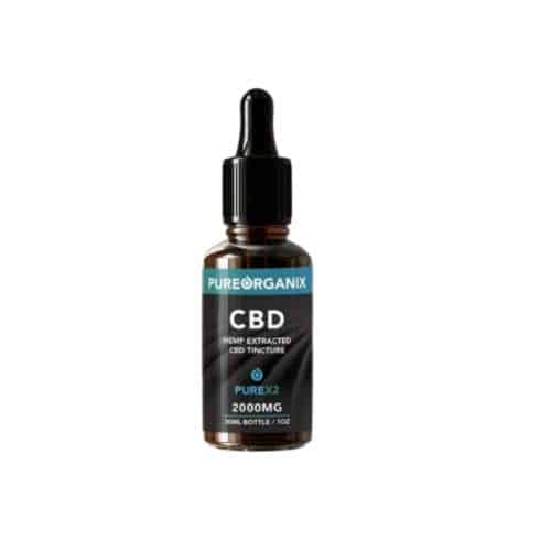 PUREÖRGANIX CBD Tincture 2000mg – A dark amber glass dropper bottle with a black cap and a modern black label. The label features blue and white text highlighting 'PUREÖRGANIX,' 'CBD,' 'Hemp Extracted CBD Tincture,' and '2000MG.' The bottle is isolated on a transparent background.