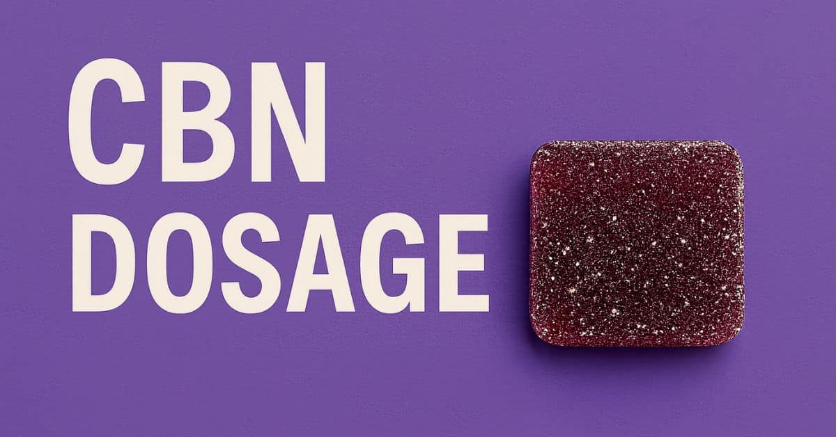Clean digital graphic featuring a purple background, bold white text ‘CBN Dosage,’ and a sugar-coated gummy.