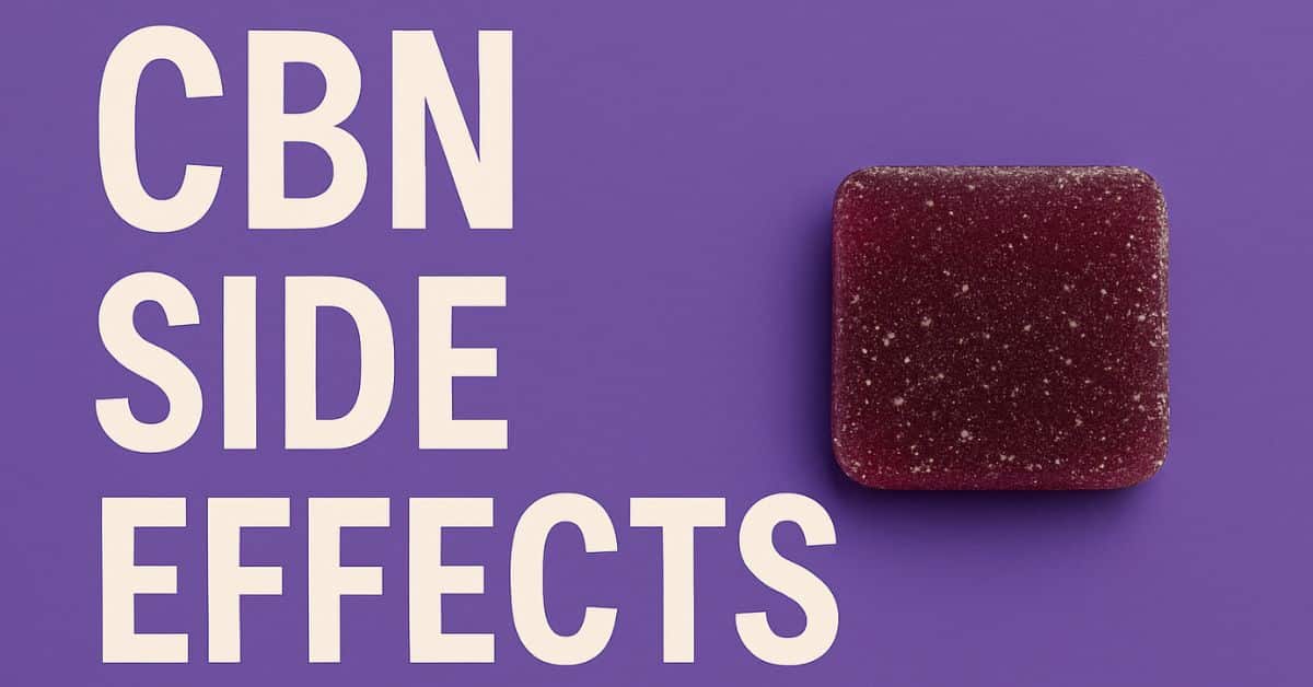 Purple background with a single CBN gummy and bold white text that says "CBN Side Effects."