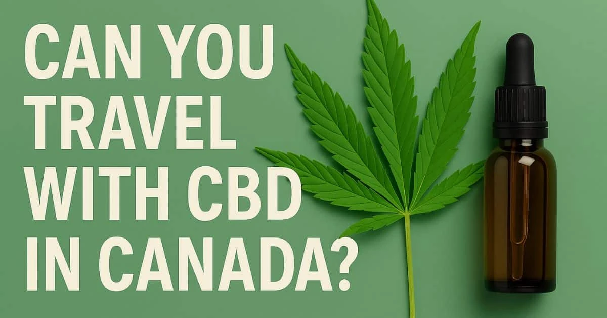 Green background with bold white text reading “Can You Travel with CBD in Canada?”, alongside a realistic cannabis leaf and CBD oil dropper bottle.