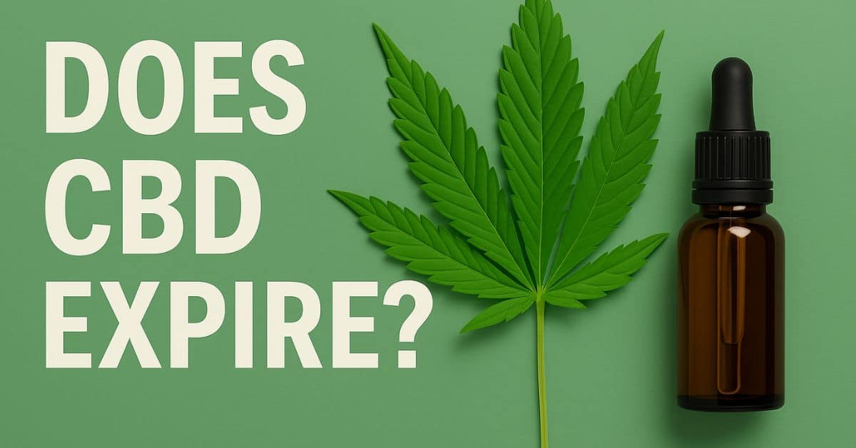 CBD oil bottle and cannabis leaf on green background with bold text asking “Does CBD Expire?”