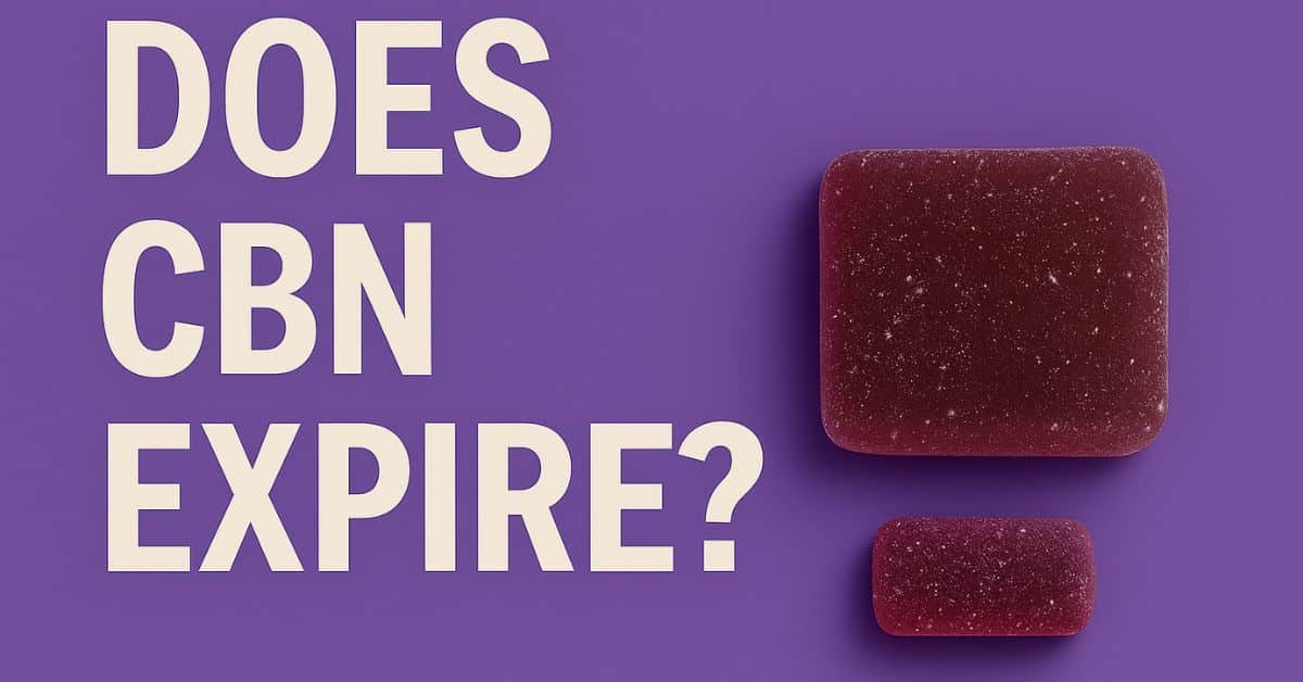 Modern digital graphic with a purple background and two gummies alongside bold white text reading ‘Does CBN Expire?’