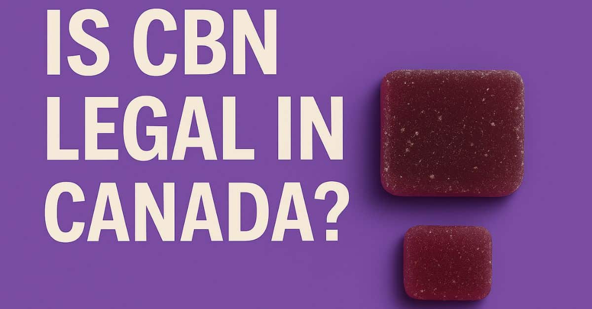 Purple background design with two CBN gummies and bold white text asking ‘Is CBN Legal in Canada?’