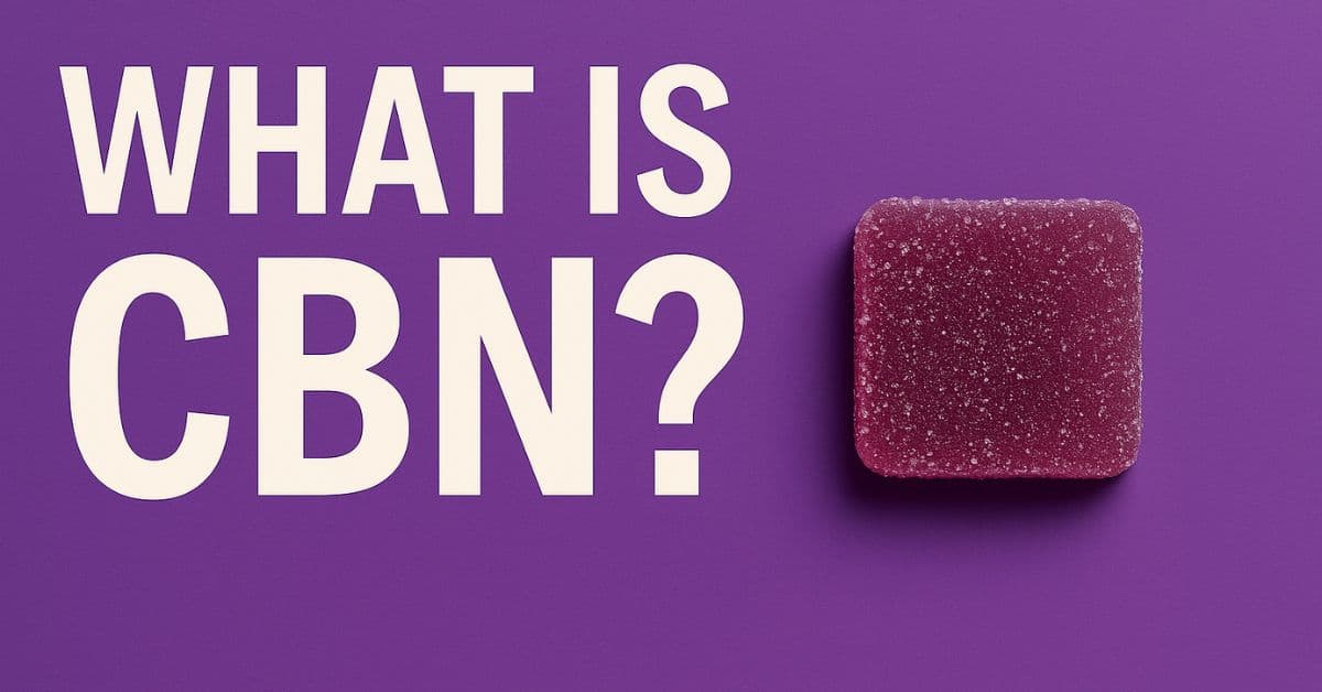 Digital graphic with purple background showing a CBN gummy and bold white text reading ‘What Is CBN?’
