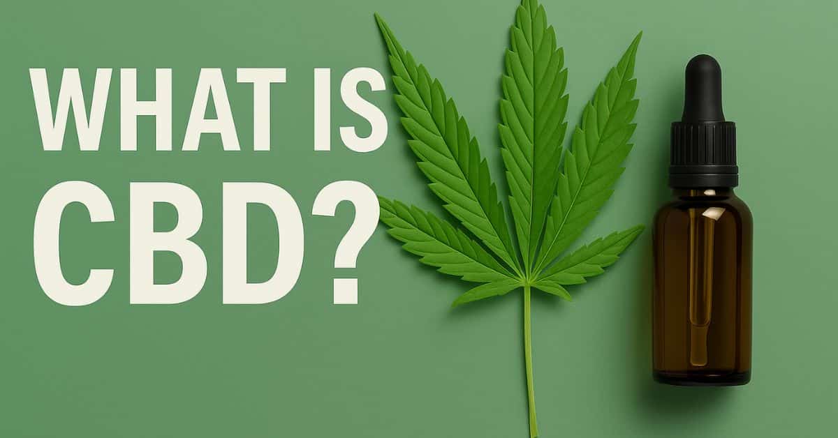 CBD oil dropper bottle and cannabis leaf with bold text reading “What is CBD?” on green background.